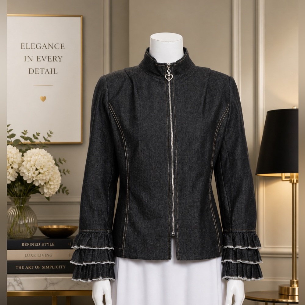 St. John Sport Elegant Black Ruffle Sleeve Women's Jacket Sz M